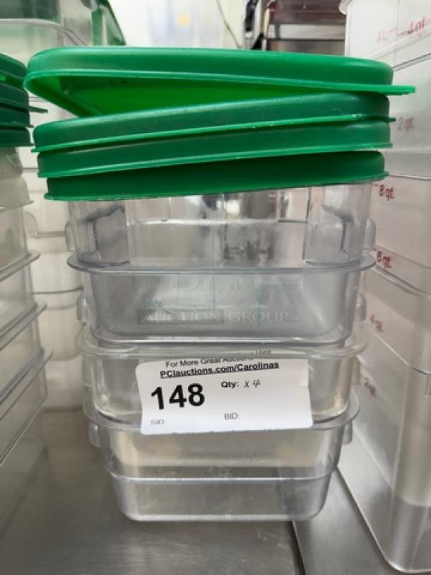 Cambro Square 2 Qt. Containers with green lids, 4-piece set. Includes auction tag labeled "148." Clear and stackable design.
