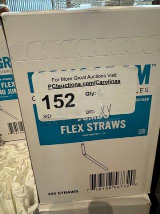 Monogram Jumbo Flex Straws box, 400 count, paper-wrapped, item 152, auction website and bid details on label.