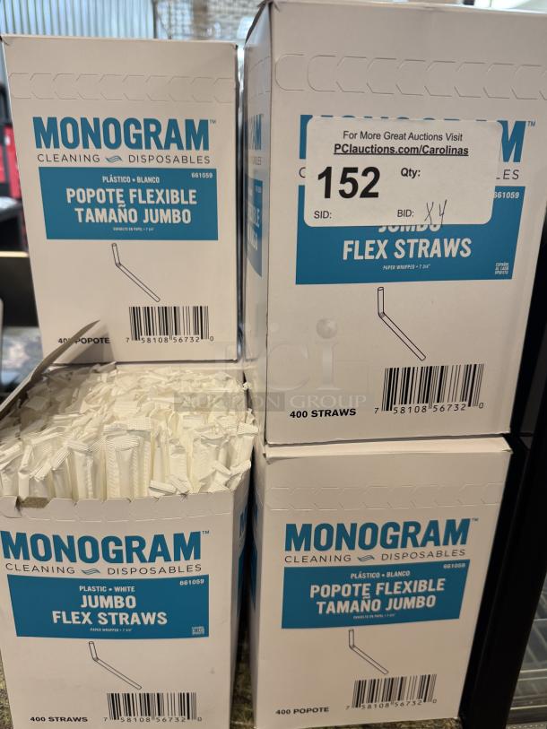 Monogram Jumbo Flex Straws, 4 boxes, each with 400 paper-wrapped straws. Brand-new, packaged in original boxes.