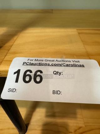 Wood and metal wall unit with shelves; natural wood finish, sturdy metal frame, auction tag #166 visible.