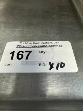 Full-size sheet pans with auction tag, lot of 10. Tag reads "167", "BID: X10", directing to PCauctions.com/Carolinas.