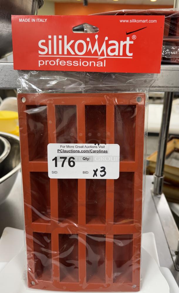 New Silikomart silicone baking molds, set of 3. Professional grade, made in Italy. Packaging shows item code and bid quantity.