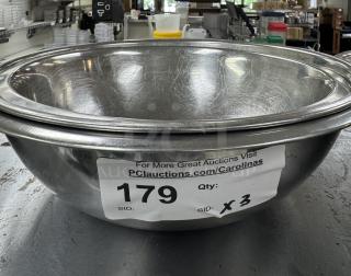 Stainless mixing bowls, set of three, visible surface wear, auction label with lot number 179, bidding quantity x3.