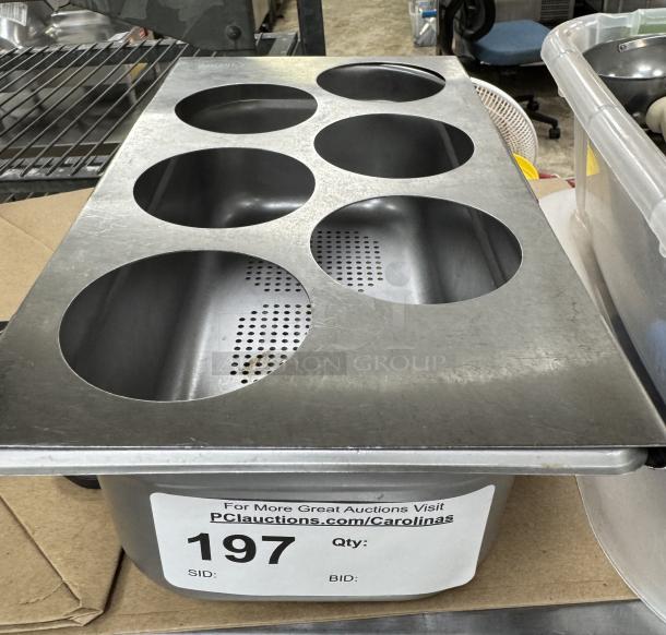 Tablecraft squeeze bottle holder with six slots in metal. Perforated base, auction ID label '197' visible.