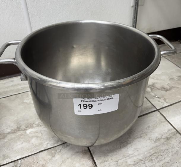 Stainless steel 30 Qt. bowl with dual handles. Auction label indicates item number 199. Excellent condition.