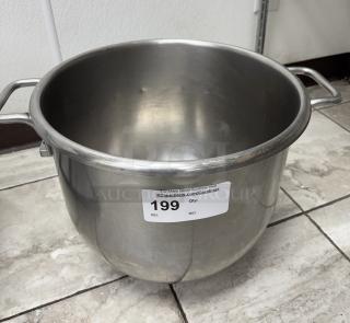 Stainless steel 30 Qt. bowl with dual handles. Auction label indicates item number 199. Excellent condition.