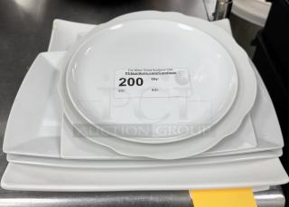 Assorted china serving plates, white, various shapes. Includes auction label with quantity 200. Good condition, minimal wear.