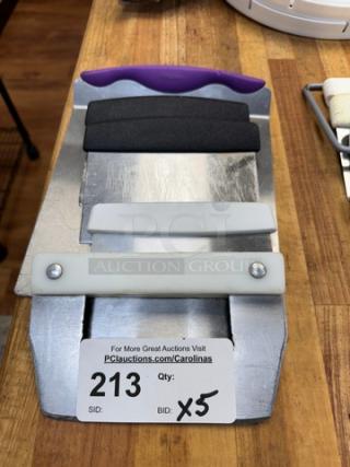 Five bench scrapers with varied handles and a metal blade. Auction label reads "213, Qty: 5, Bid: X5".