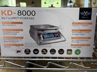 NEW IN BOX Myweigh KD8000 Kitchen Scale, 8kg capacity, 1g precision, removable steel tray, protective LCD cover, model KD8000.