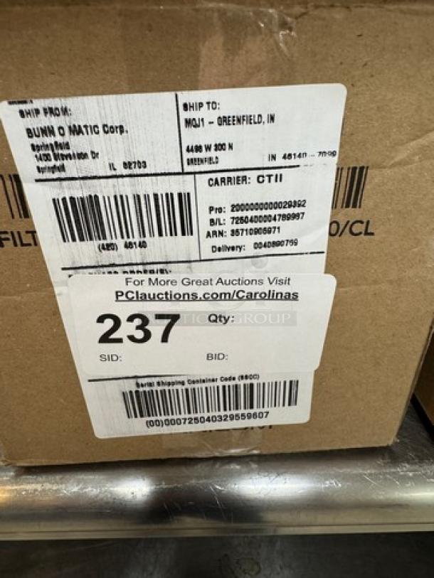 Box of NEW Bunn Coffee/Tea Filters, Medium, Model 1M500/2. Shipping labels visible. Appears unopened.