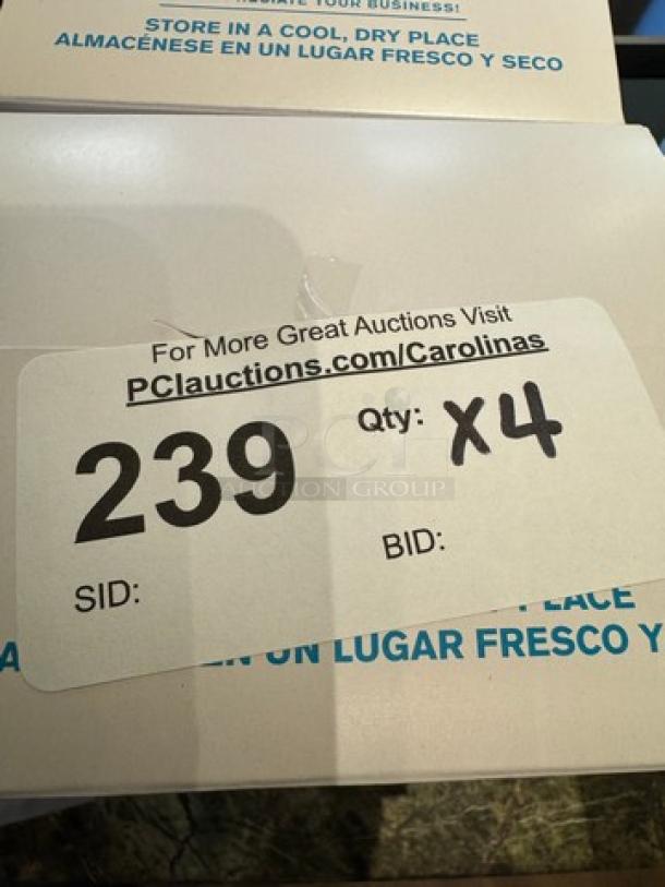 "Jumbo Flex Straws, quantity 4, auction tag 239 visible with website link and storage instructions. Box labeled for cool, dry storage."