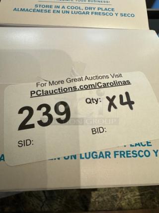 "Jumbo Flex Straws, quantity 4, auction tag 239 visible with website link and storage instructions. Box labeled for cool, dry storage."