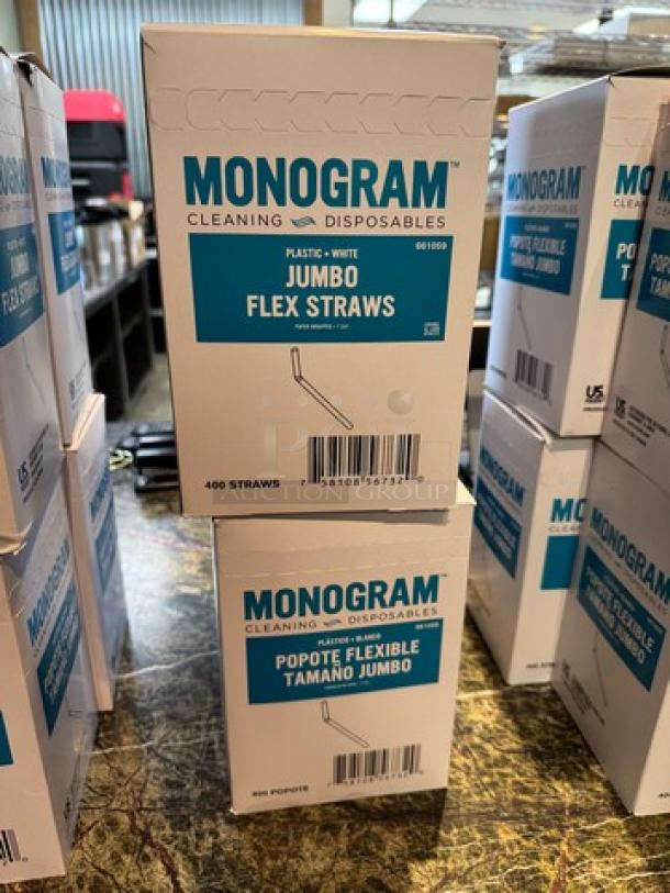 Monogram Jumbo Flex Straws boxes, 400 count each, pile of 4. Brand labels indicate disposable, plastic-white.