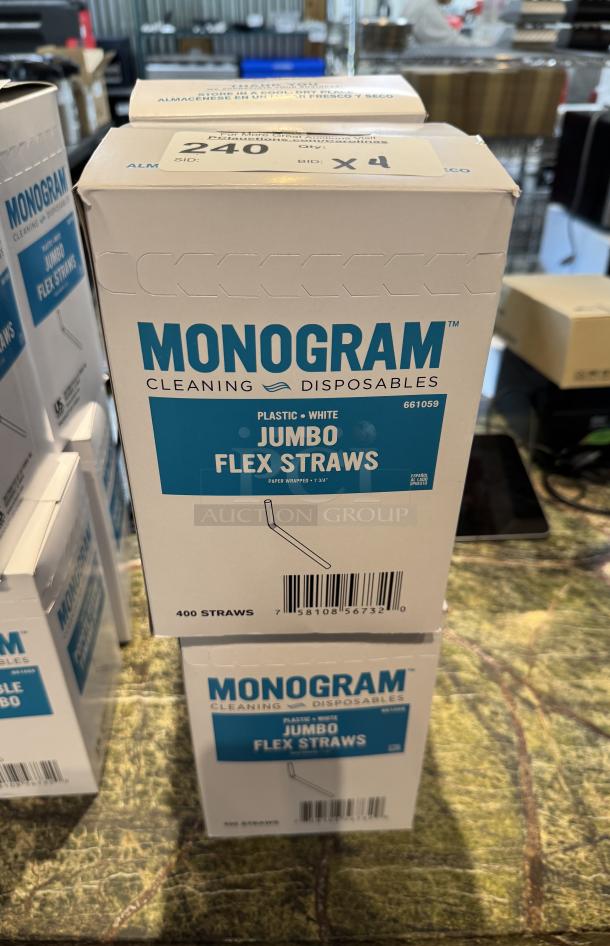 Monogram Jumbo Flex Straws, plastic, white, 400 per box, set of 4 boxes, new condition, auction lot labeled "Bid: x4."