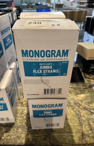 Monogram Jumbo Flex Straws, plastic, white, 400 per box, set of 4 boxes, new condition, auction lot labeled "Bid: x4."