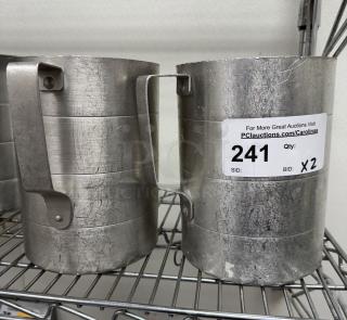 Two metal 4 qt. measuring cups with handles, showing wear. Auction label indicates item number 241, BID X2.