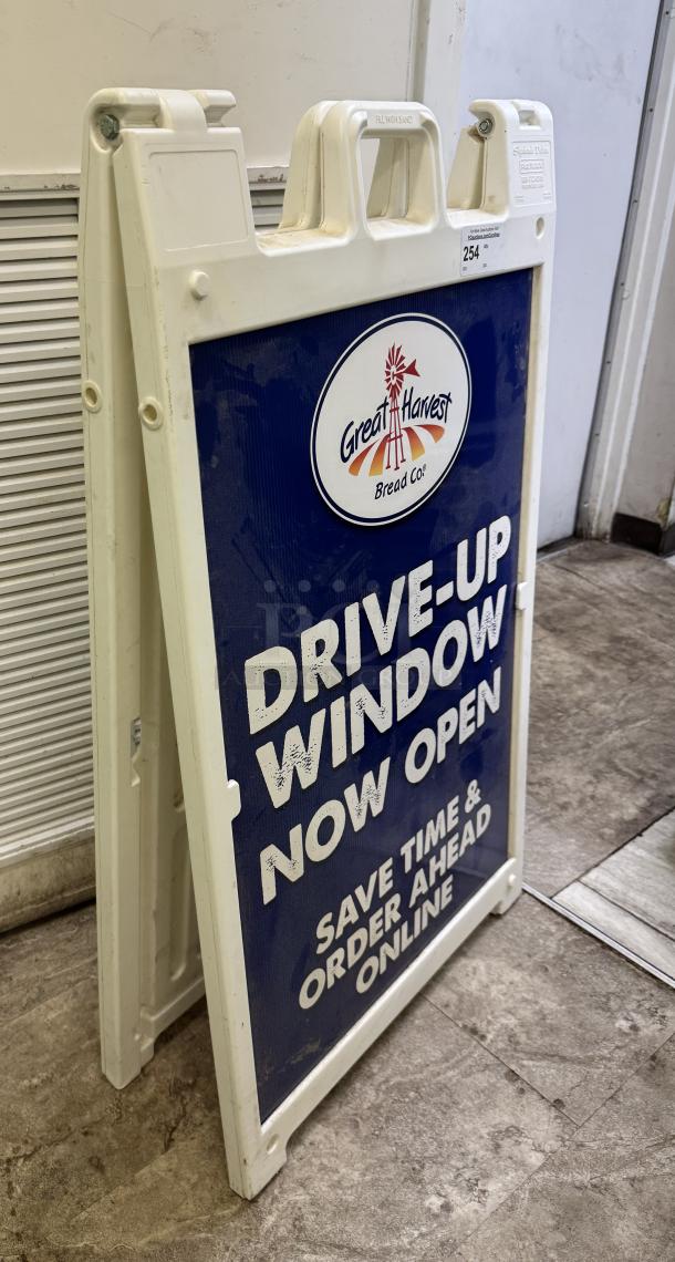 Signicade Deluxe Portable Sign, Great Harvest Bread Co. Drive-Up Window Now Open, used condition, customizable, for indoor/outdoor use.