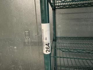 Wire rack with 4 shelves, in good condition. Features adjustable metal shelving. Auction tag reads "264 Qty."