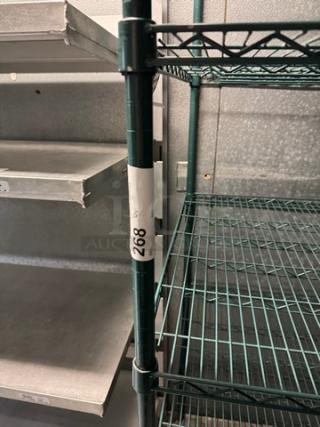 Wire rack with 5 shelves, green metal, sturdy construction, ID tag marked 268, ideal for storage or organization.