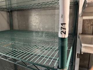 Green wire rack with four shelves, metal construction. Tag marked "271" on vertical support. Used, good condition.