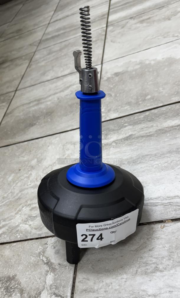 Kobalt Manual Snake for Drains, blue handle, metal coil tip, black base, used for cleaning clogs, auction tag "274".
