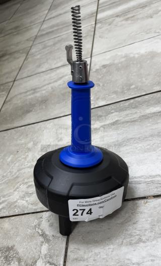 Kobalt Manual Snake for Drains, blue handle, metal coil tip, black base, used for cleaning clogs, auction tag "274".