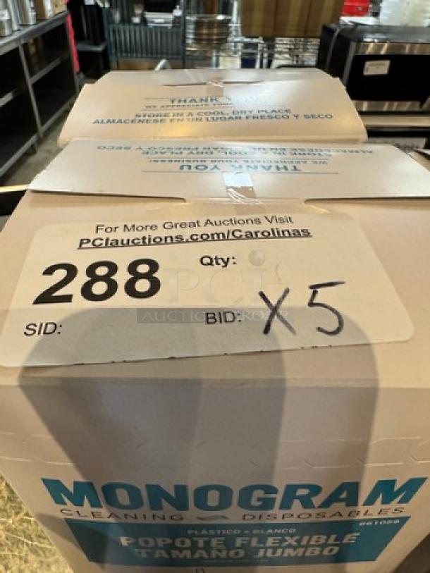 Monogram Jumbo Flex Straws, box of 5 packs, auction lot number 288, cardboard packaging, good condition.