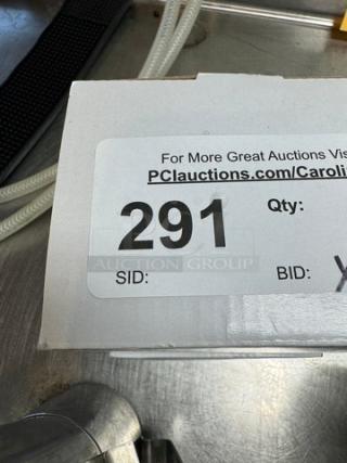 Box of 20 oz. frothing pitchers, five total, with two new in box. Label shows auction details and quantity.