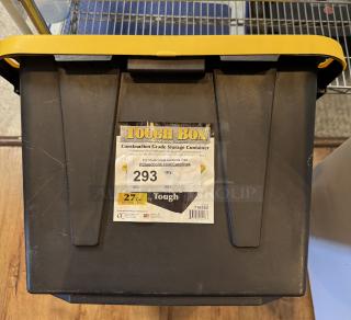 Tough Boy 27 Gal Construction Grade Storage Container, black with yellow lid, visible wear, label states auction details.
