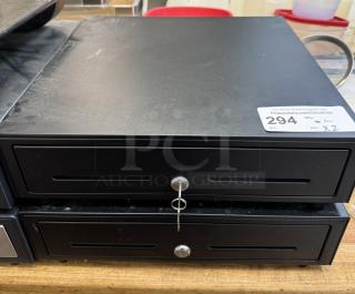Black cash box with two lockable drawers, each with keys. Item tag indicates auction ID 294, bid quantity 2.