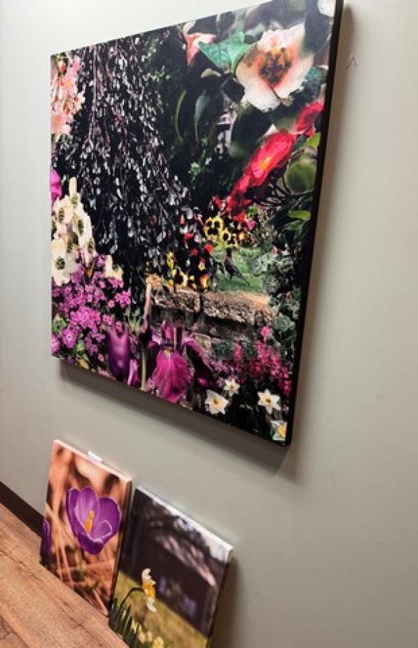 Three floral wall pictures with vibrant colors displayed; large abstract floral canvas and two smaller flower prints.