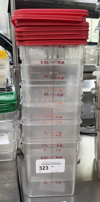 Stack of six 8 qt. square containers with red lids, marked in quarts and liters; auction tag indicates item 323, bid x6.