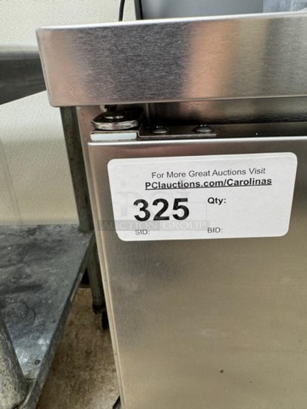 Beverage Air refrigerated prep table, Model #SPE60HC-16, tested and working. Auction label showing SID 325.
