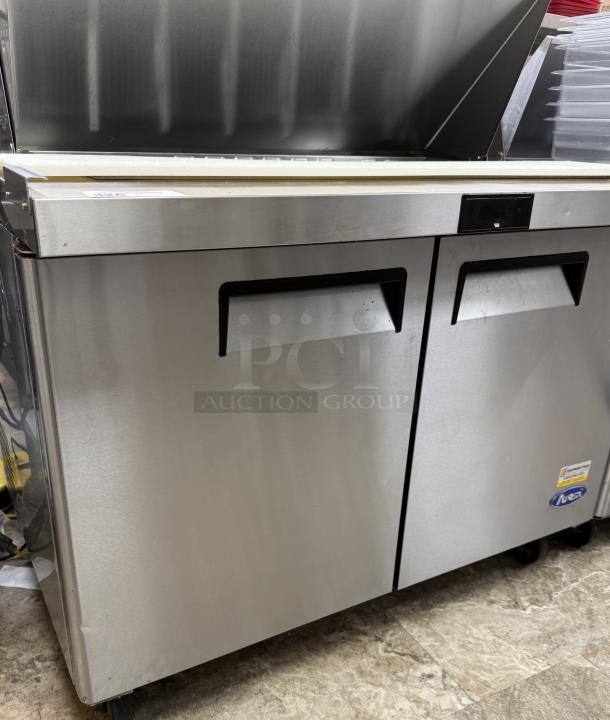 Atqsa Refrigerated Prep Table, Model MSF83D6GR, stainless steel, tested & working, dual doors, good condition.