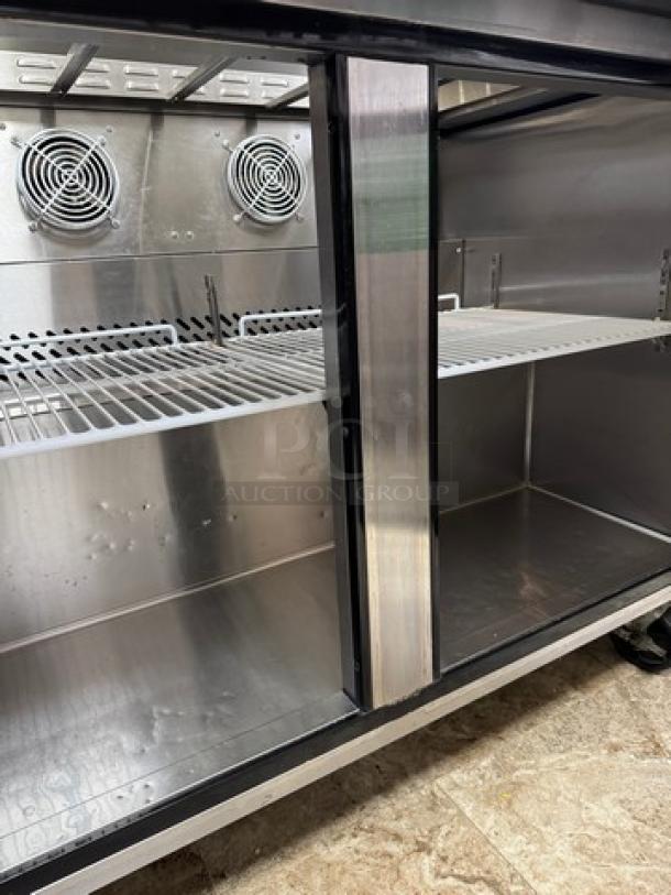 Atqsa Refrigerated Prep Table, Model MSF83D6GR, stainless steel, tested, working condition, shelving, cooling fans visible.