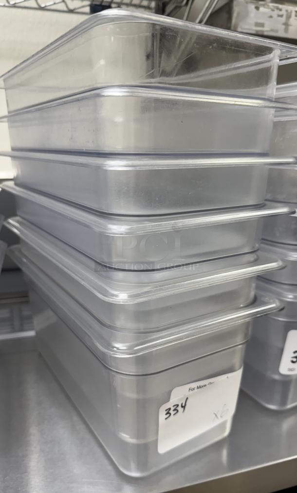 Set of six Vigor acrylic containers with lids, labeled "334." Clear, stackable design, ideal for storage organization.