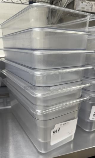 Set of six Vigor acrylic containers with lids, labeled "334." Clear, stackable design, ideal for storage organization.