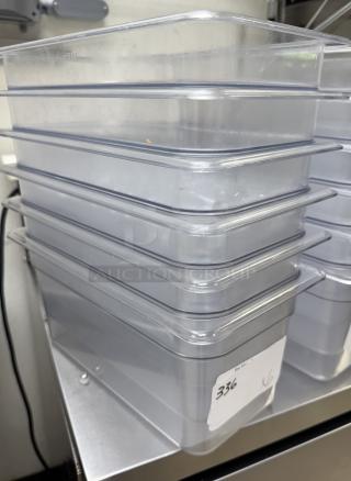 Stack of six Vigor acrylic pans, 1/3 size, 6-inch depth, clear with visible minor wear, labeled with "336."