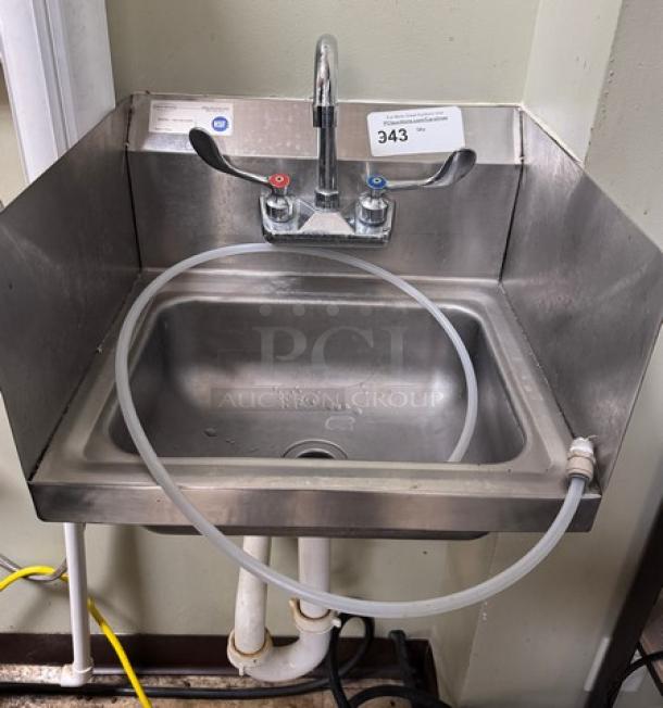 Serv-Ware HS15S-CWP wall mount hand sink with splash guards and faucet. Includes visible hose attachment.