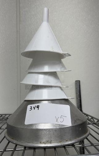 Assorted white plastic funnels, set of five, stacked on an industrial metal base. Label reads "349 x 5."