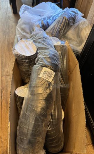 New soup/chili bowl lids in packaging, cardboard box, barcode label visible, pristine condition.