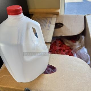 New 1-gallon plastic jug with red lid, showing a box containing 12 jugs and lids. Durable, ideal for storage.