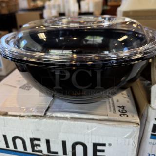 Disposable 12" salad bowl with clear lid, black base, new condition, on top of box with product details visible.