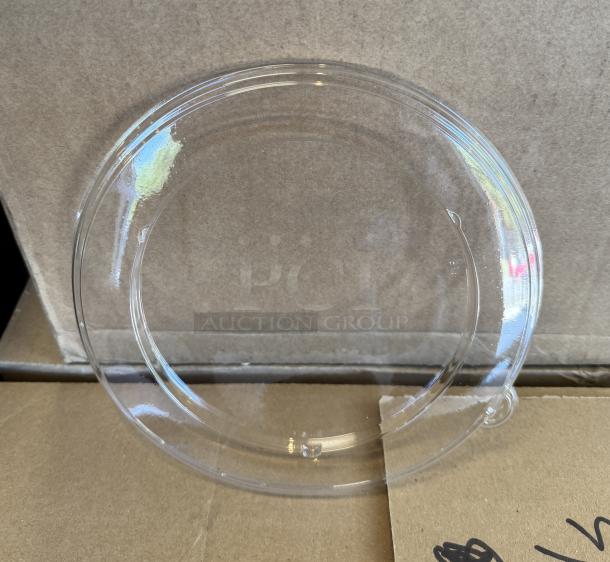 Clear plastic lid, 8.5" diameter, new condition, transparent. Suitable for containers; two available per bid.