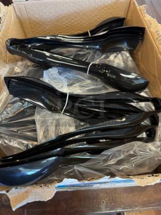 New 10" black plastic tongs, bundled in sets, boxed condition. Quantity: 31. Ideal for serving or buffet use.