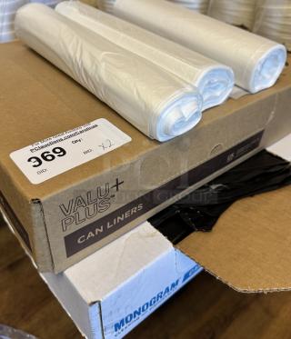 Valu+ Plus trash can liners, new, two boxes, rolls shown on top, label with bid number 369, bid quantity x2.