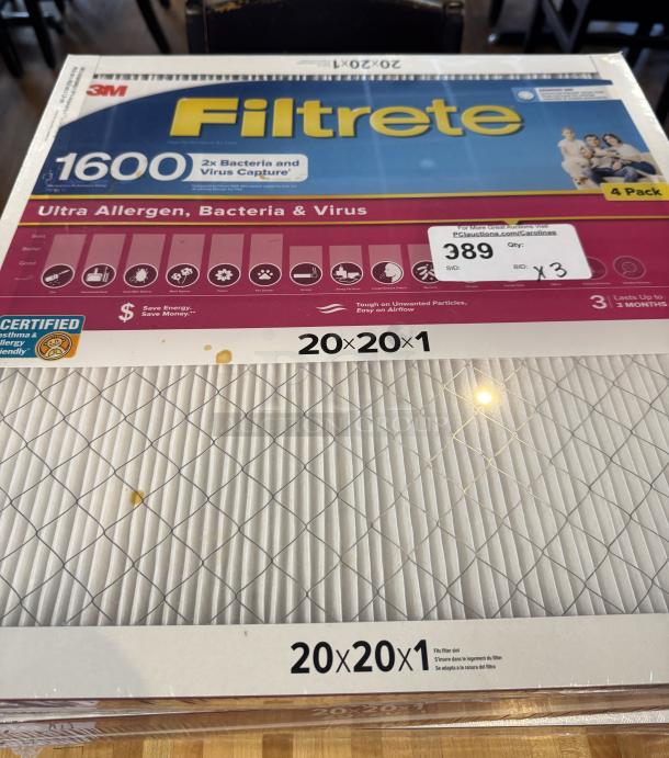 Filtrete 1600 Filters, 20x20x1, pack of 4. Captures bacteria and viruses, ultra allergen filter, new in package.