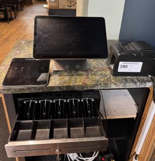 POS system with touchscreen monitor, tablet, receipt printer, and cash drawer with keys. Used condition, lot number label visible.