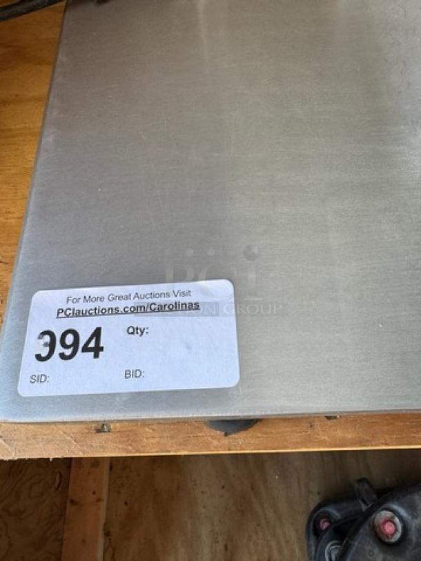 Chefmate Globe Slicer, stainless steel, used condition, tested and working, auction tag with item number 394 visible.