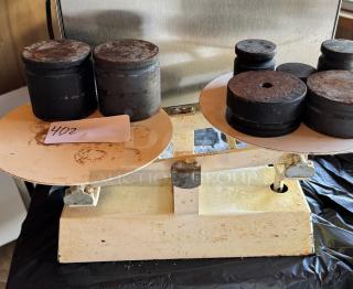 Detecto Manual Bakers Scales Model 1001TB with 4 weights, showing signs of wear, includes number tag 402.